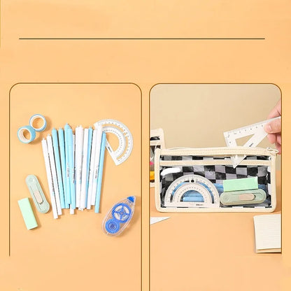 Chessboard pattern transparent PVC pencil case showing 21.5cm length with stationery items visible inside