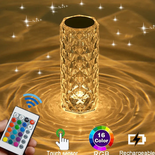 Creative crystal diamond table lamp with RGB16 colour touch rechargeable bedside light showing small waist design