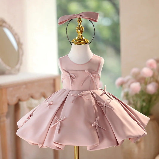 Pink girls' birthday dress in princess style with height options from 80cm to 150cm