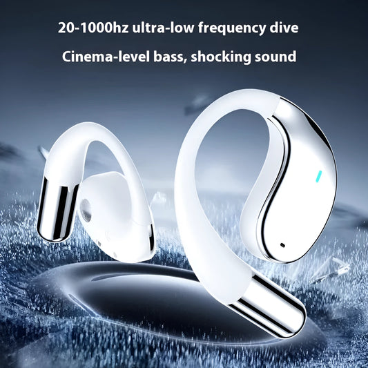 Black hanging ear Bluetooth earphones showing ear-mounted sports design with plastic aluminium alloy construction