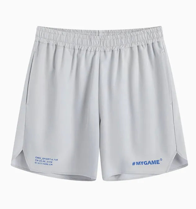 Men's grey fitness shorts with moisture-wicking fabric during workout exercise