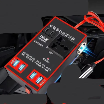 Black 12V 24V to 220V automotive power converter with AC socket and USB charging ports.