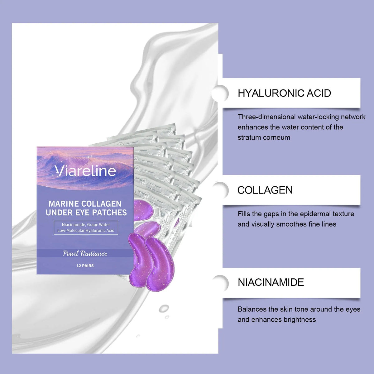 Pack of 12 pairs collagen and hyaluronic acid sheet eye masks for daily moisturising care