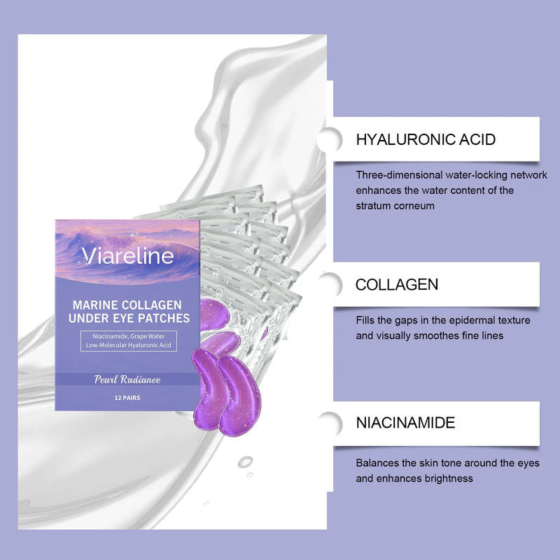 Collagen eye mask moisturising daily care skincare treatment with hyaluronic acid and grape water for hydration, supplied as a pack of 12 pairs of sheet masks with visible results