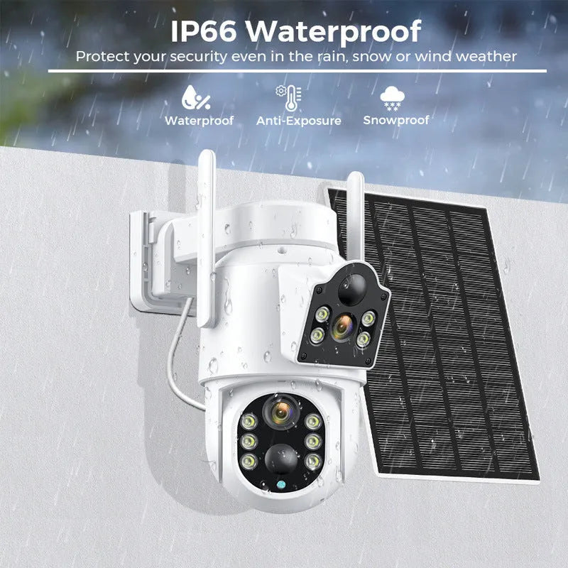Outdoor solar WiFi security camera with solar panel, showing 4MP HD resolution and 20m monitoring range