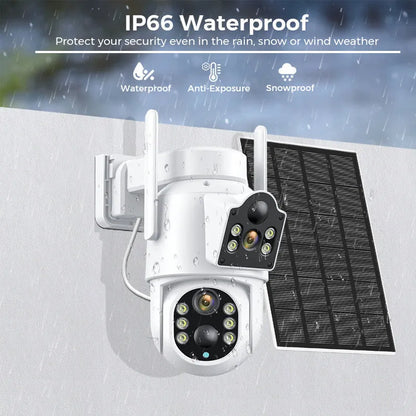 Outdoor solar WiFi security camera with solar panel, showing 4MP HD resolution and 20m monitoring range
