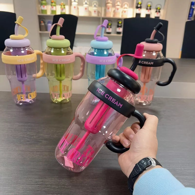 Cartoon design plastic water bottle with straw, 1200ml capacity, available in pink, purple, red, black, yellow