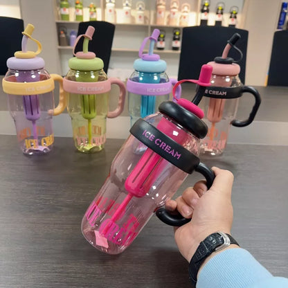 Cartoon design plastic water bottle with straw, 1200ml capacity, available in pink, purple, red, black, yellow