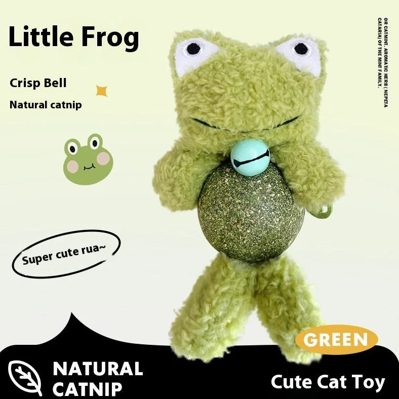 Brown bear catnip toy with 15cm height, 4cm mint ball, and visible bell inside plush material