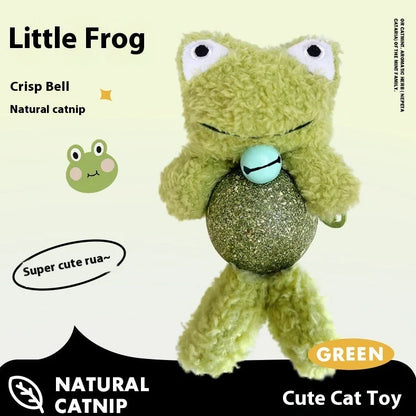 Brown bear catnip toy with 15cm height, 4cm mint ball, and visible bell inside plush material