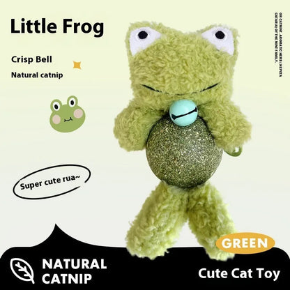 Brown bear plush cat toy with a white catnip ball, shown next to a green frog version.