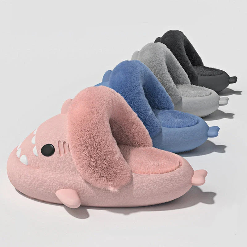 Cozy and stylish shark-themed house slippers with a plush, fuzzy upper and a durable, non-slip sole