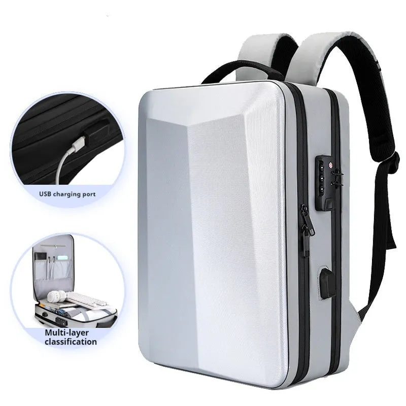 Black waterproof business backpack with structured ABS PC frame and curved shoulder straps