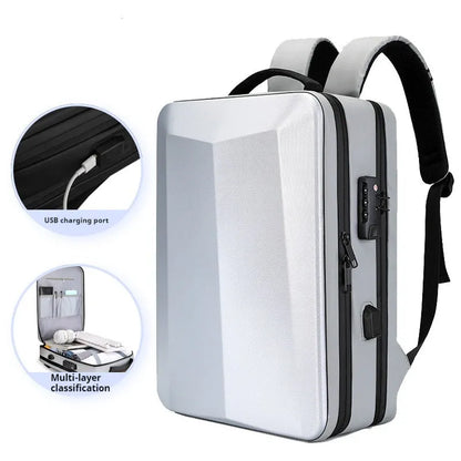 Black waterproof business backpack with structured ABS PC frame and curved shoulder straps