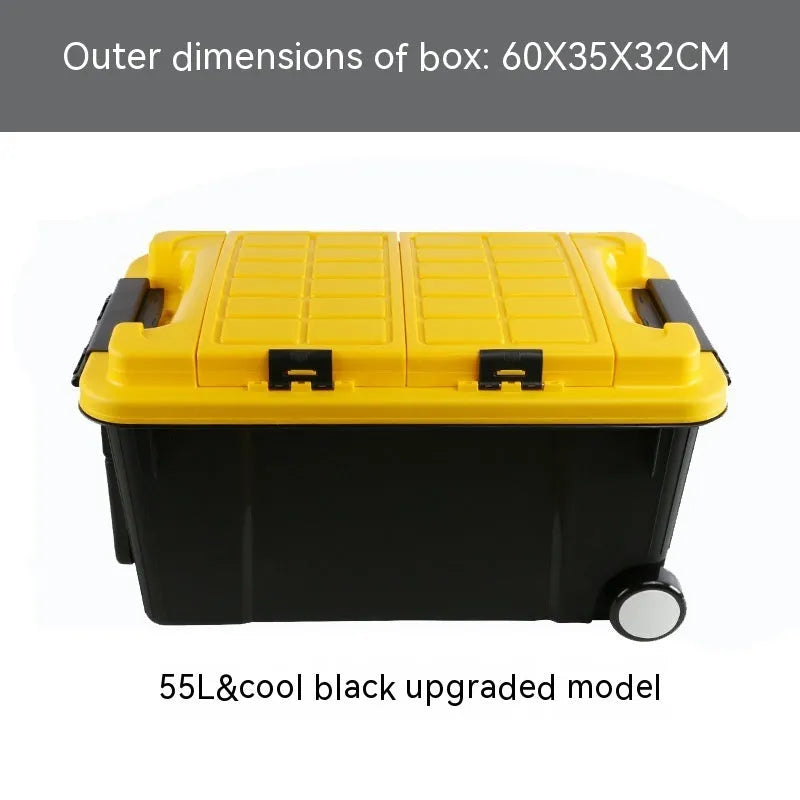 Large orange plastic storage box with black wheels and a pull-up handle, shown in a garage setting.