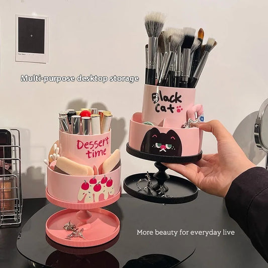 Rotating cosmetic brush barrel in beige colour with storage rack, showing Japanese-style design and 18L capacity