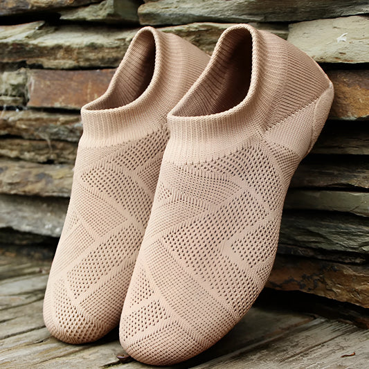 Camel coloured contemporary dance shoes with cotton mesh upper and leather sole for latin dance