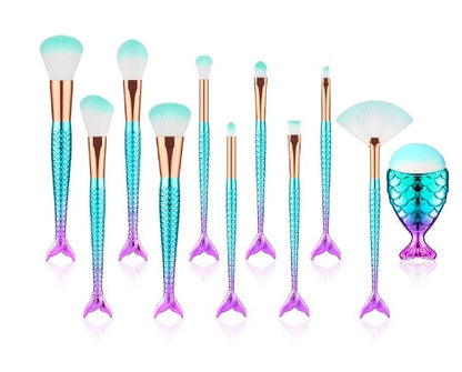 11-piece Mermaid Makeup Brushes Kit with nylon bristles and plastic handles