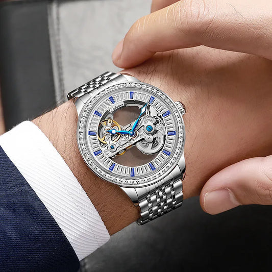 Luxury zircon men's mechanical watch with 12mm case, mineral glass, and onion head crown on wrist