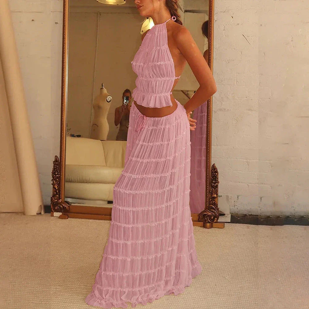 Sleeveless backless crop top and pleated maxi dress set in various colors