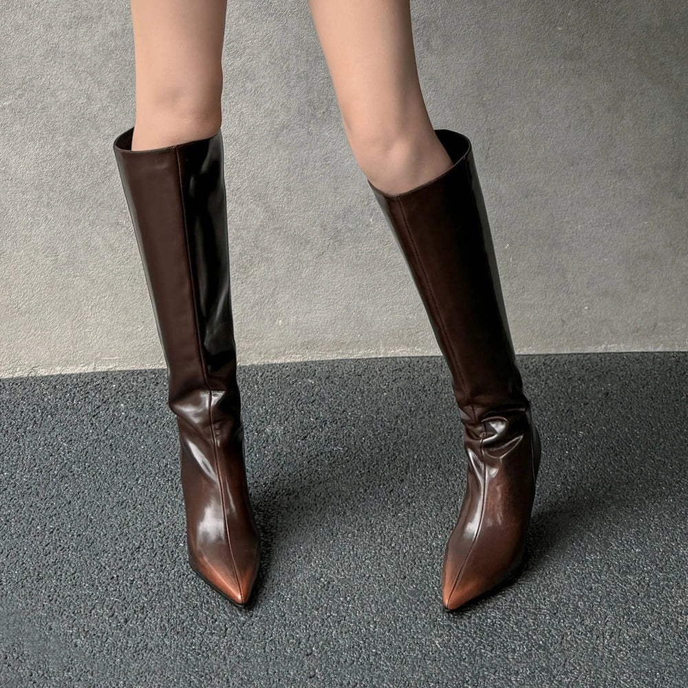 Black cowhide wedge boots with pointed toes and 6-8cm heels, high cylinder design