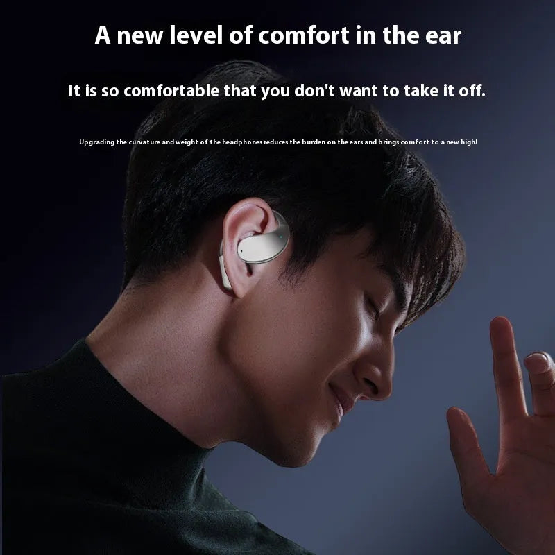 Black hanging ear Bluetooth earphones showing ear-mounted sports design with plastic aluminium alloy construction