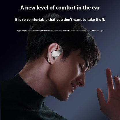 Black hanging ear Bluetooth earphones showing ear-mounted sports design with plastic aluminium alloy construction