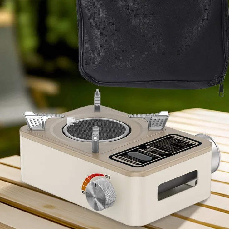 White stainless steel portable infrared gas stove for outdoor camping use.