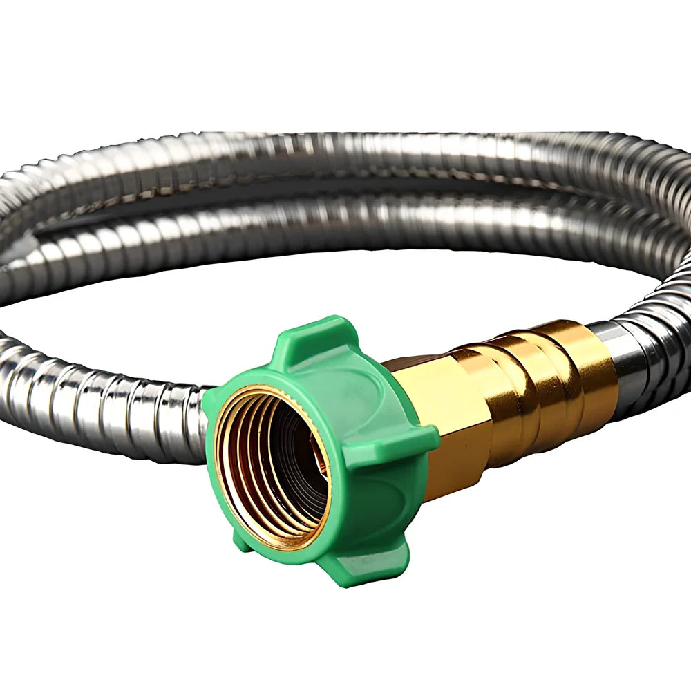 Stainless steel garden hose with brass adjustable nozzle coiled in UK garden setting