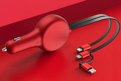 Black retractable car charger with extended cables showing three charging heads for Type-C, iPhone, and USB devices