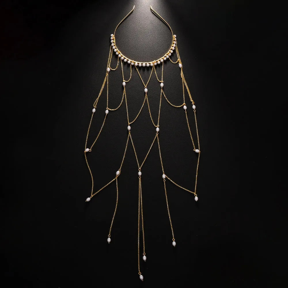Women's pearl hair chain with gold electroplated finish and tassel detailing for office wear