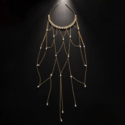 Women's pearl hair chain with gold electroplated finish and tassel detailing for office wear