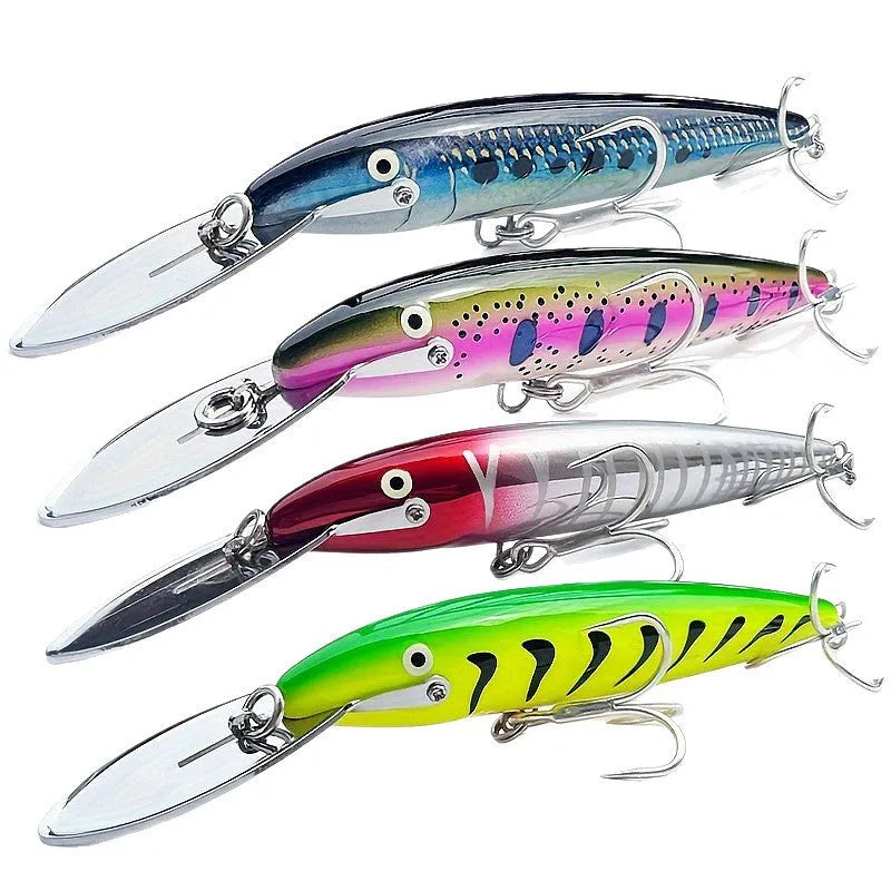 Luminous ABS fishing lure with iron tongue, 17.5cm x 2.2cm x 1cm, shown in one of six colours TZMN01 to TZMN06