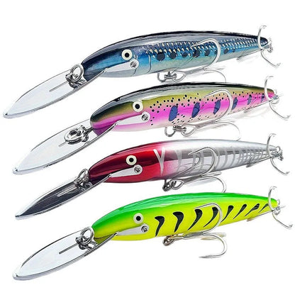 Luminous ABS fishing lure with iron tongue, 17.5cm x 2.2cm x 1cm, shown in one of six colours TZMN01 to TZMN06
