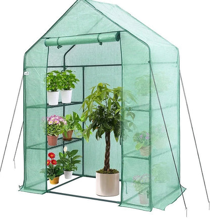 Green PE mesh greenhouse stand with steel frame measuring 143cm long by 73cm wide by 195cm tall