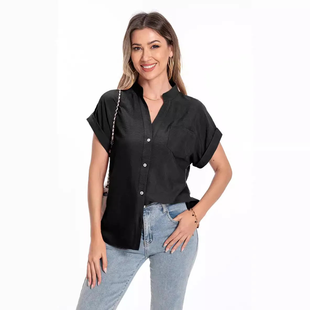 Women's loose-fit short sleeve top with stand collar and button front in army green