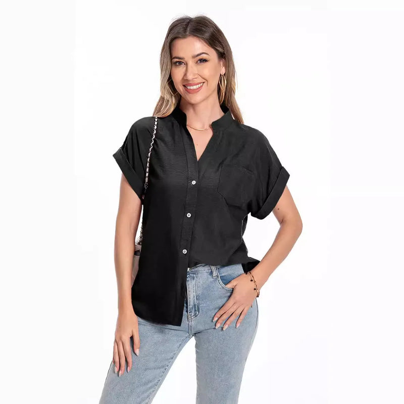 Women's short sleeve polyester top with stand collar, button front, and raglan sleeves in loose mid-length cut available in black, wine red, army green, lake blue, and milky white sizes S to XXL