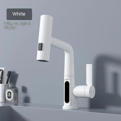 Modern digital display kitchen tap with pull-out spray hose showing LED temperature screen.