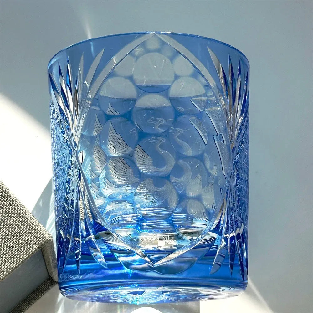 Sky blue hand carved crane water whiskey shot glass, crystal glass, 90 x 100mm, 301-400ml capacity