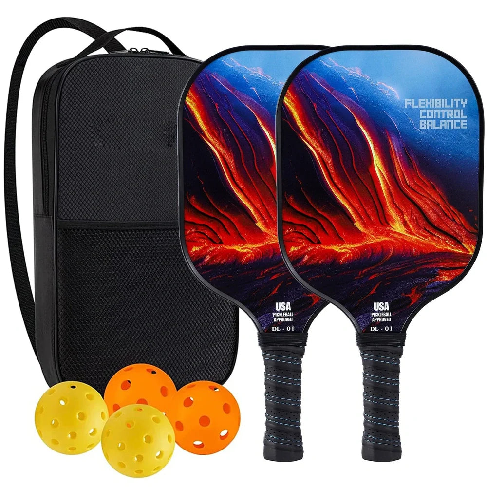 Peak Racket fibreglass squash set showing two rackets and four balls for complete playing equipment