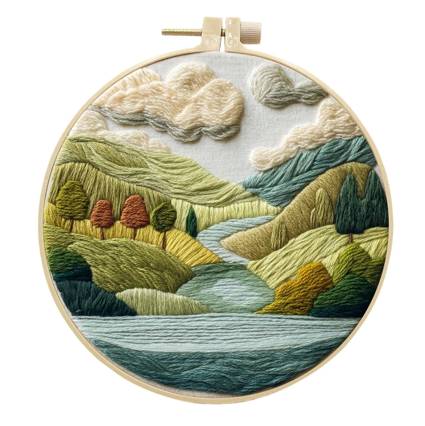 Embroidery DIY landscape kit with bamboo frame, printed fabric, thread, and needles for textile art