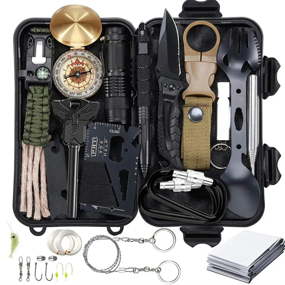 Outdoor survival kit with alloy multi-tool, emergency whistle, compass, and tools in waterproof plastic case