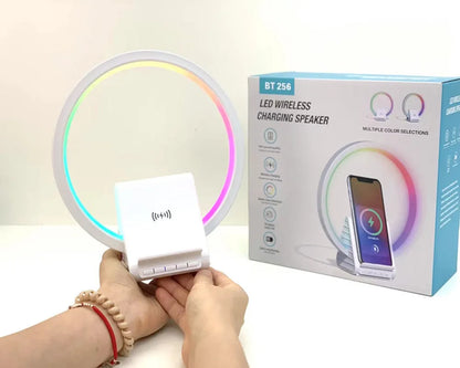 White wireless charging Bluetooth speaker with ambient lighting, compact rectangular design measuring 225mm x 200mm x 10mm
