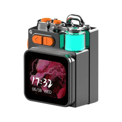 Dark grey touch screen Bluetooth speaker measuring 80mm wide, 59mm high, and 45mm deep with wireless connectivity
