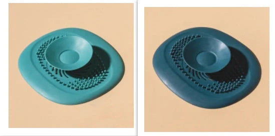 TPR vortex design sink drain cover in twilight orange, quiet blue, mango yellow, and gentian green