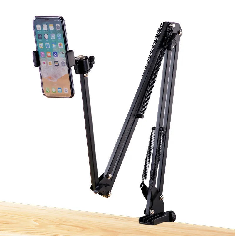 Black foldable metal desktop bracket holding tablet with adjustable cantilever arm