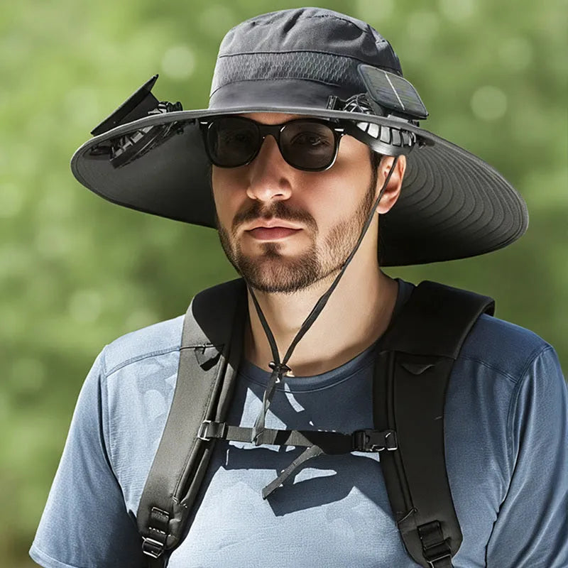 Man wearing a solar-powered fisherman hat with built-in fan for outdoor fishing or hiking
