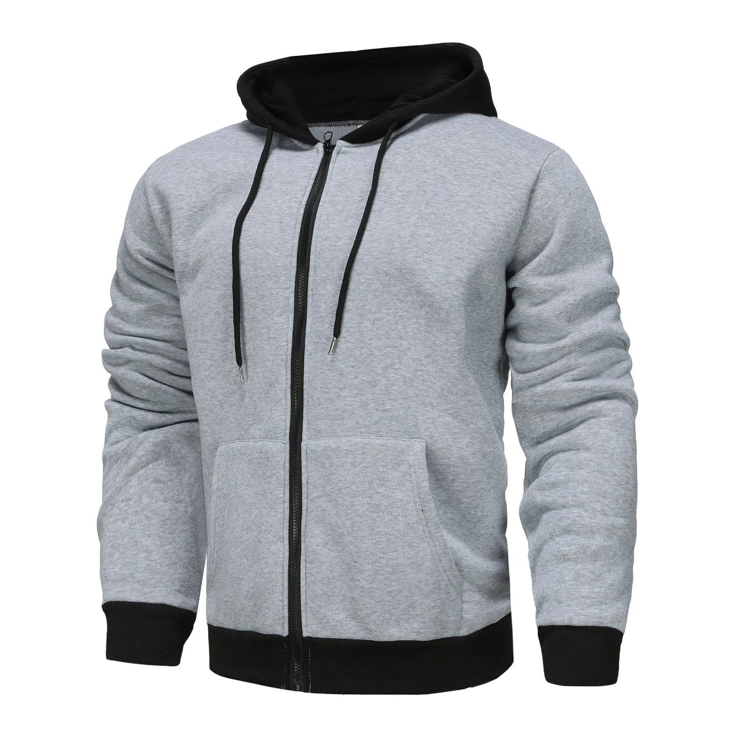Men's black zip-up hoodie cardigan with a fleece lining, shown with the hood up.