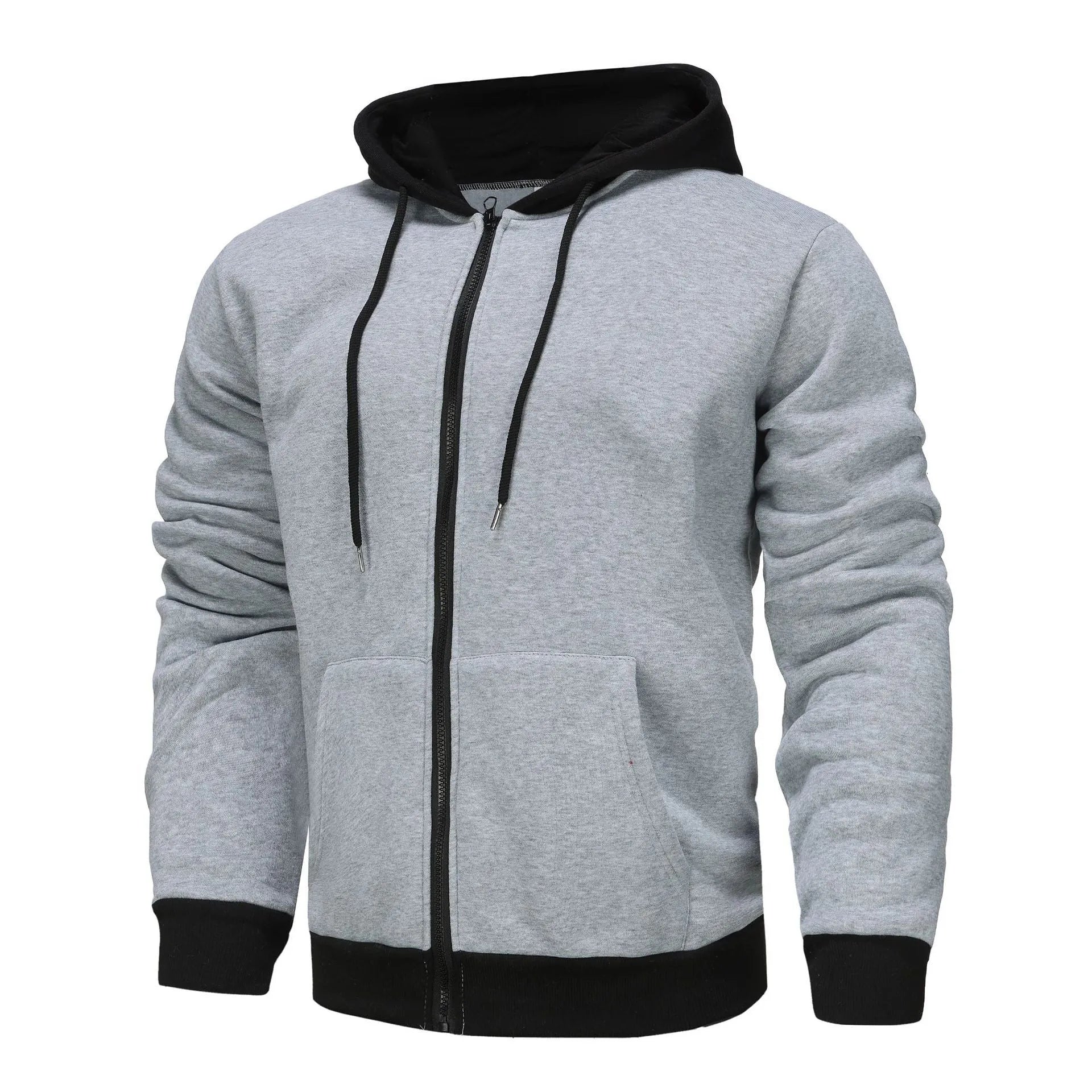 Men's black zip-up hoodie cardigan with a fleece lining, shown with the hood up.