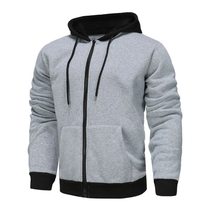 Men's black zip-up hoodie cardigan with a fleece lining, shown with the hood up.